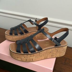 Kate Spade Mabel Cork Espadrille Wedge Flatform Black Leather Fisherman